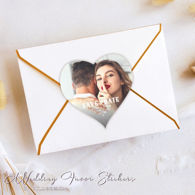 Simple Rustic Save the Date Photo Wedding Favor Heart Sticker (Creator Uploaded)