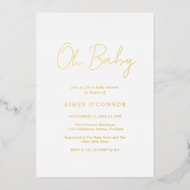 Simple Rustic Script Elegant Baby Shower Gold Foil Invitation (Front)