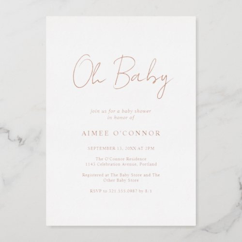 Simple Rustic Script Elegant Baby Shower Rose Gold Foil Invitation