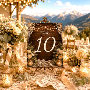 Simple Rustic String Lights Wood Lace Wedding Table Number