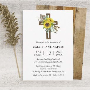 Simple Rustic Sunflower Wooden Cross Baptism Invitation