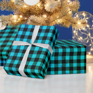 Simple Rustic Teal Blue Black Buffalo Plaid Checks Wrapping Paper