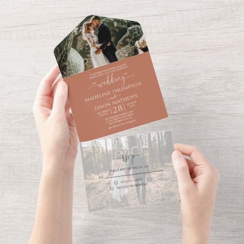 Simple Rustic Terracotta 2 Photo RSVP Wedding All In One Invitation