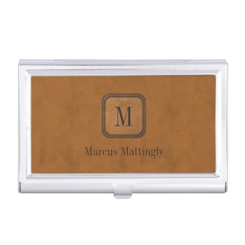 Simple Rustic Vintage Leather Chic Monogram Name Business Card Case