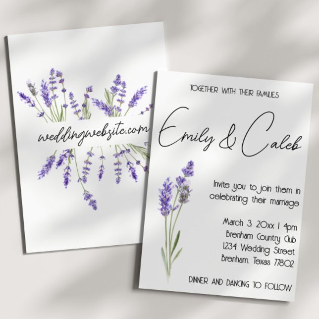 Simple Rustic Watercolor Lavender Wedding Invitation (rustic country wedding invitation with watercolor lavender graphic and script writing. )