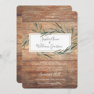 Simple Rustic Wedding Barn Wood & Watercolor Herb Invitation