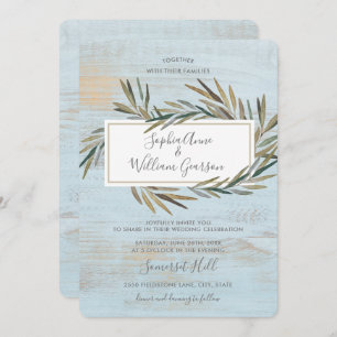 Simple Rustic Wedding Blue Wood & Watercolor Herb Invitation