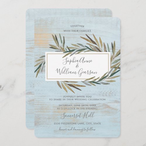 Simple Rustic Wedding Blue Wood  Watercolor Herb Invitation