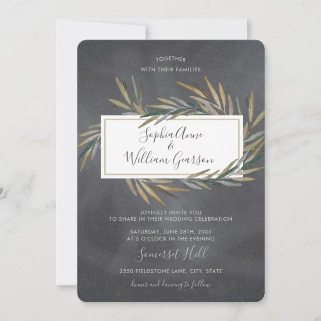 Simple Rustic Wedding Chalkboard & Watercolor Herb Invitation (Front)