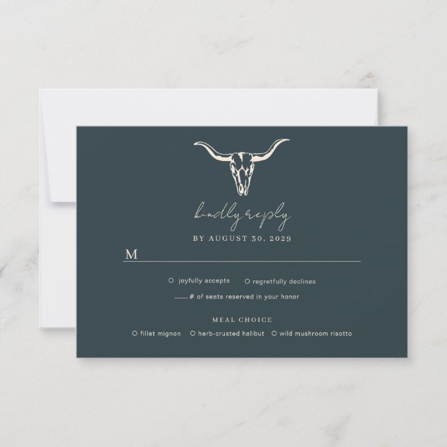 Simple Rustic Wedding Cow Skull Teal Wedding RSVP Card (Front)