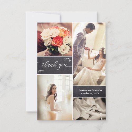Simple Rustic Wedding Photo collage on chalkboard Thank You Card