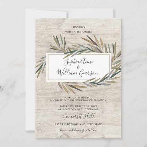 Simple Rustic Wedding White Wood  Watercolor Herb Invitation
