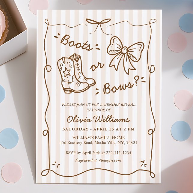 Simple Rustic Western Boots or Bows Gender Reveal  Invitation (Creator Uploaded)