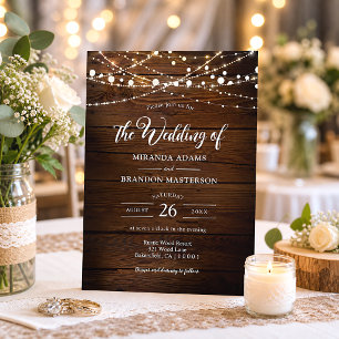 Simple Rustic Wood and String Lights Wedding Invitation