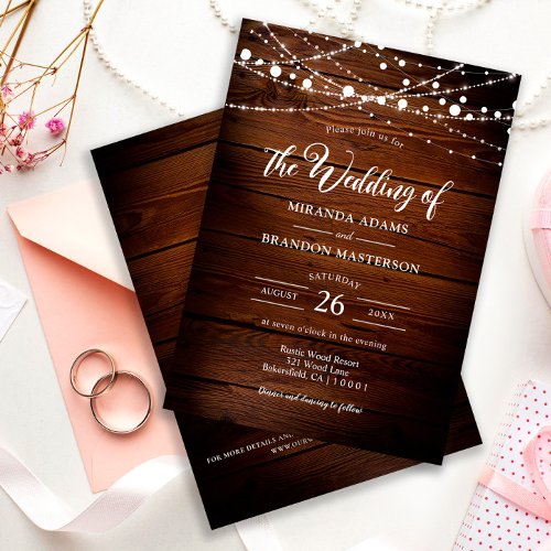 Simple Rustic Wood and String Lights Wedding Invitation