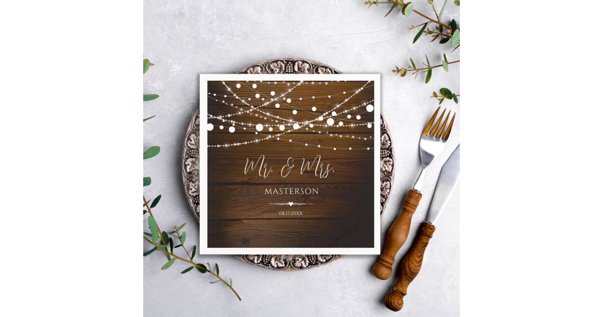 Simple Rustic Wood and String Lights Wedding Napkins | Zazzle