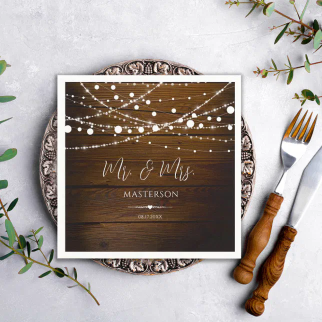 Simple Rustic Wood and String Lights Wedding Napkins | Zazzle