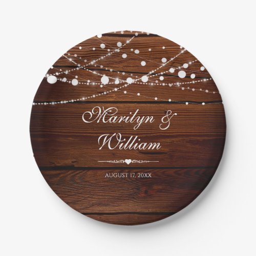 Simple Rustic Wood and String Lights Wedding Paper Plates