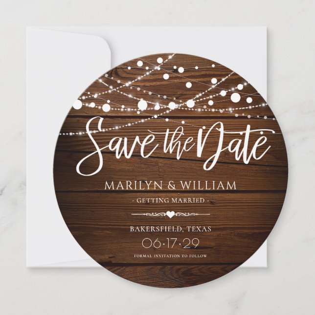 Simple Rustic Wood and String Lights Wedding Save The Date (Front)