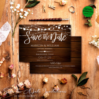 Simple Rustic Wood And String Lights Wedding Save The Date by Art_Design_by_Mylini at Zazzle