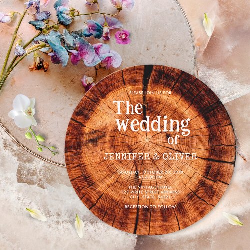 Simple Rustic Wood Cut Slice Wedding Invitation