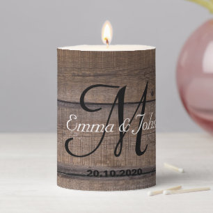 Simple Rustic Wood Monogram Wedding Personalised Pillar Candle