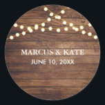 Simple Rustic Wood Vintage Wedding Classic Round Sticker<br><div class="desc">Seal your favor bags and envelopes with this sticker featuring a rustic wood background and string lights. More products in this collection.</div>