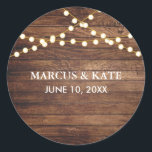 Simple Rustic Wood Vintage Wedding Classic Round Sticker<br><div class="desc">Seal your favor bags and envelopes with this sticker featuring a rustic wood background and string lights. More products in this collection.</div>