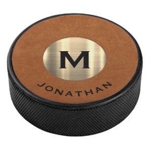 Simple Sable Gold Classic Monogram Name Hockey Puck