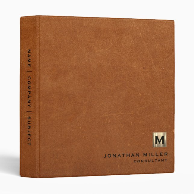 Simple Sable Leather Gold Monogram 3 Ring Binder (Front/Spine)