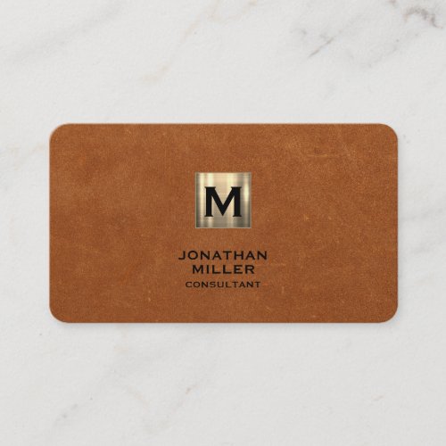Simple Sable Leather Gold Monogram Business Card