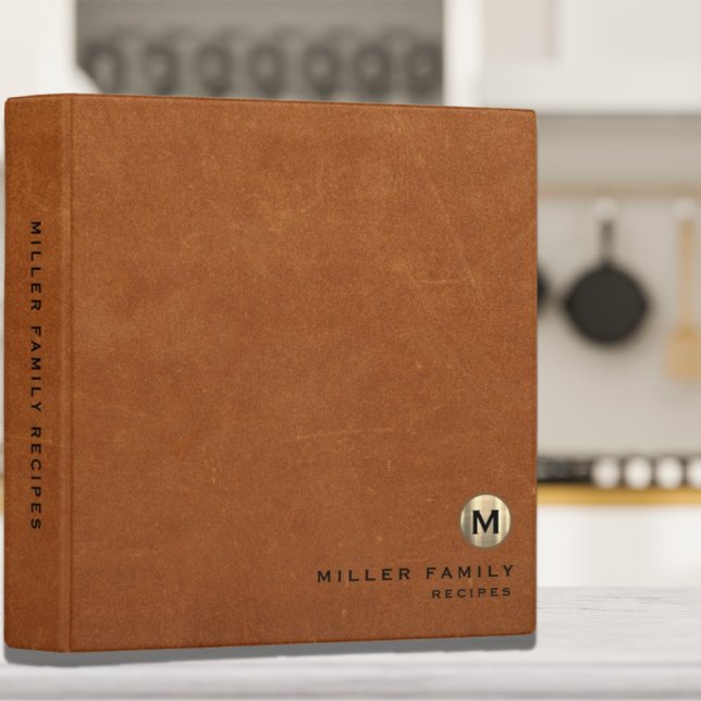 Simple Sable Leather Gold Monogram Family Recipe 3 Ring Binder (Creator Uploaded)