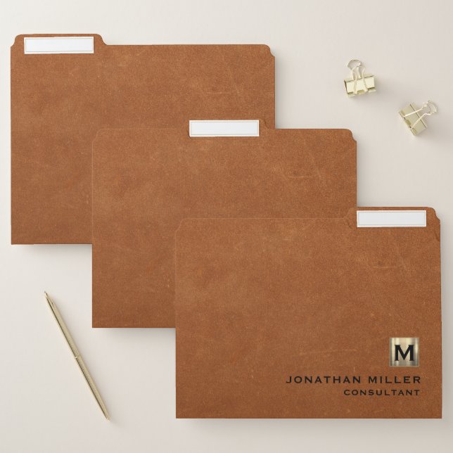 Simple Sable Leather Gold Monogram File Folder (Set)