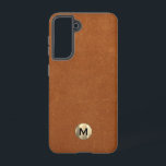Simple Sable Leather Gold Monogram Samsung Galaxy S21 Case<br><div class="desc">Simple monogrammed phone case features a modern design with brushed metallic gold monogram emblem on sable brown leather look textured background. </div>
