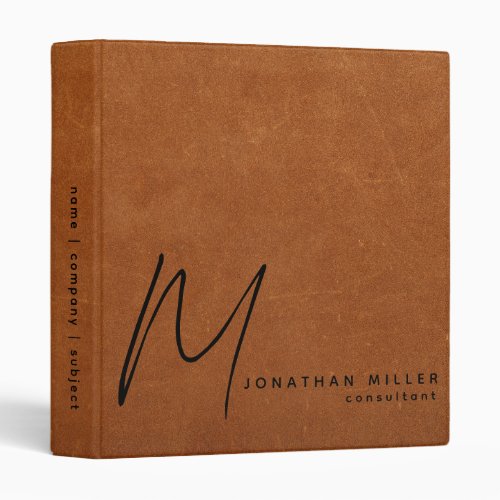 Simple Sable Leather Print Modern Monogram 3 Ring Binder