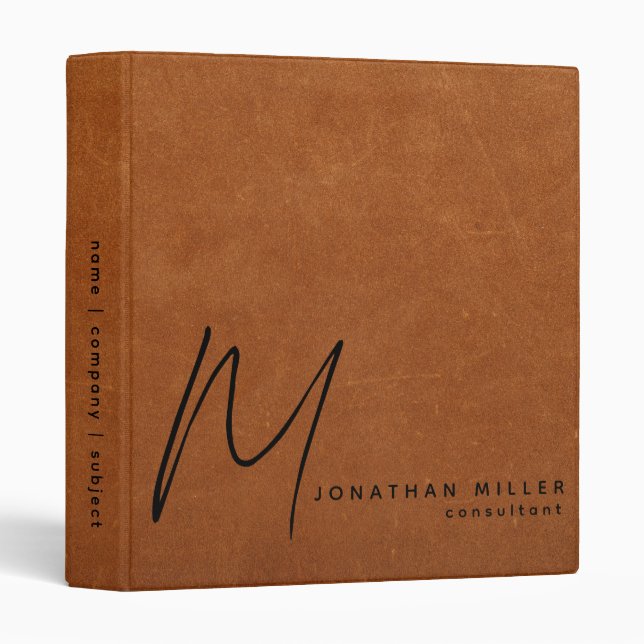 Simple Sable Leather Print Modern Monogram 3 Ring Binder (Front/Spine)