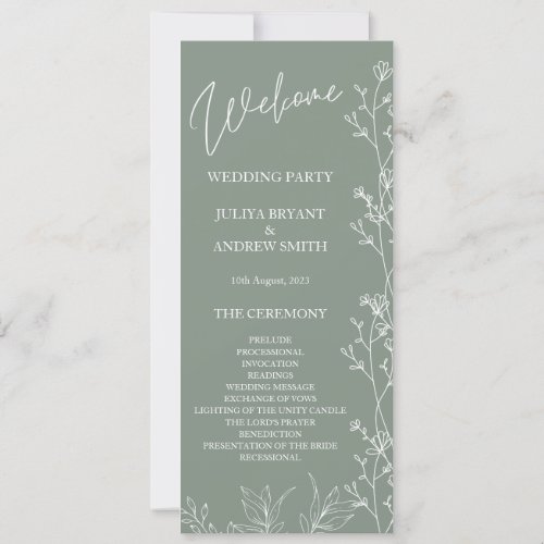 Simple saga green  wedding  Program card
