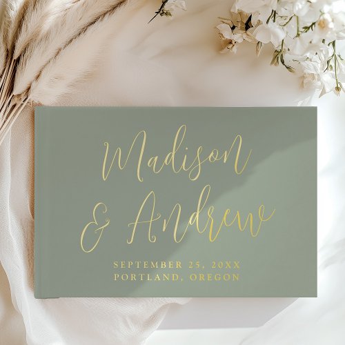 Simple Sage and Gold Foil Script Photo Wedding Foil Guest Book