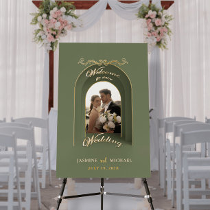 Simple Sage Gold Ivory Arch Wedding Welcome Sign