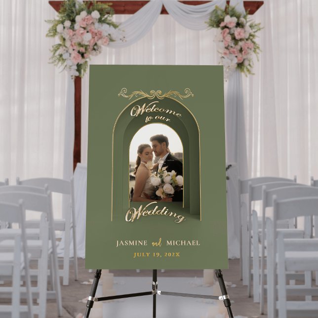 Simple Sage Gold Ivory Arch Wedding Welcome Sign (Creator Uploaded)