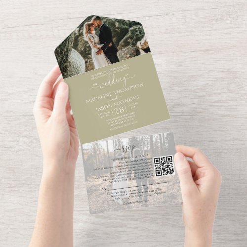 Simple Sage Green 2 Photo QR Code RSVP Wedding All In One Invitation