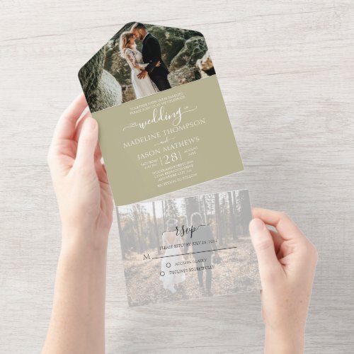 Simple Sage Green 2 Photo RSVP Wedding All In One Invitation