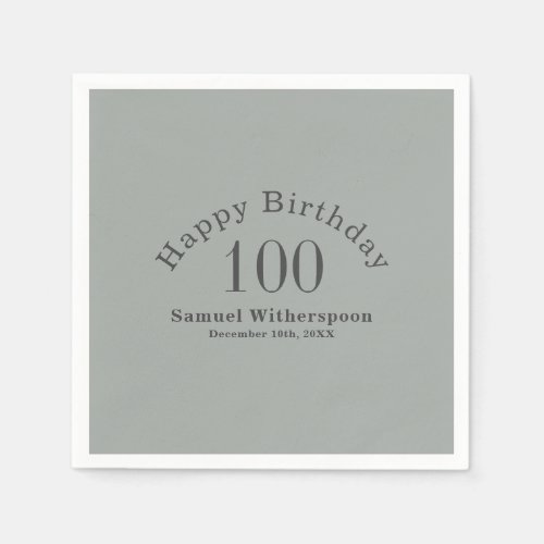 Simple Sage Green and Charcoal Gray 100th Birthday Napkins