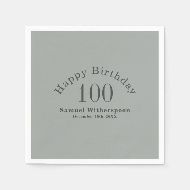 Simple Sage Green and Charcoal Gray 100th Birthday Napkins (Front)