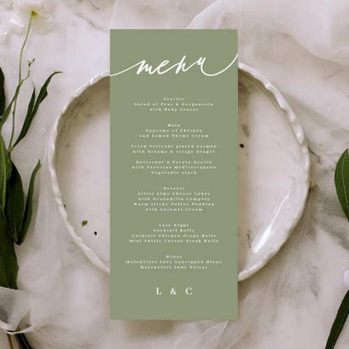Simple Sage Green and White Modern Calligraphy Menu