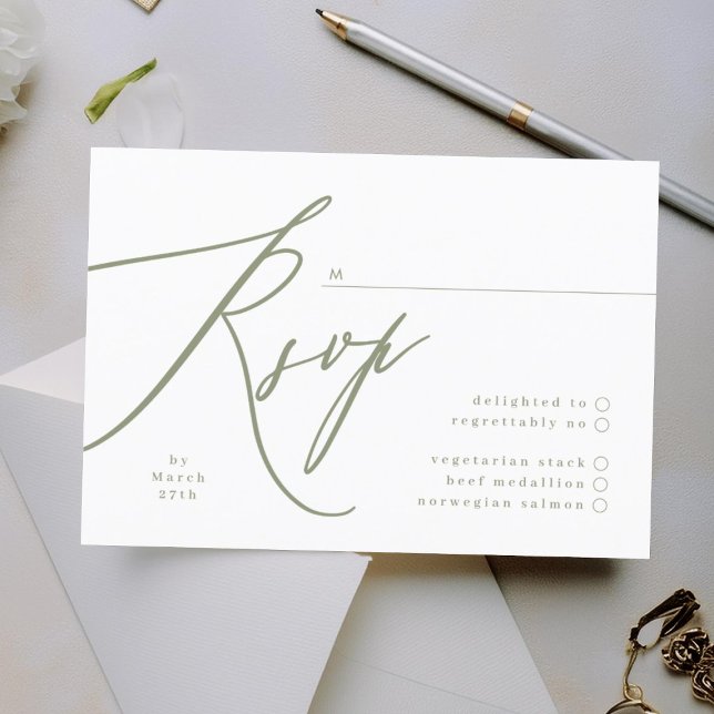 Simple Sage Green and White Modern Calligraphy RSVP Card (Creator Uploaded)