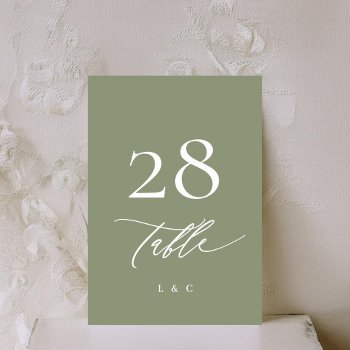 Simple Sage Green And White Modern Calligraphy Table Number by PhrosneRasDesign at Zazzle