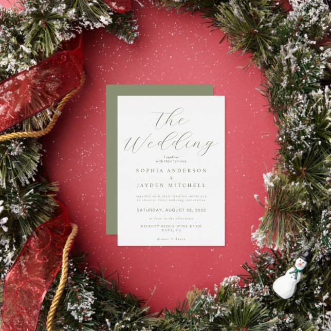 Simple Sage Green and White Wedding Aesthetic Foil Invitation (Insitu)