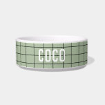 Simple Sage Green Black Check Geometric Modern  Bowl<br><div class="desc">Modern geometric monochrome grid pattern girly sage green customisable pet bowl,  cute accessory. Ideal gift for the pet owner in your life,  personalized with names in a sage green colour way with black check</div>
