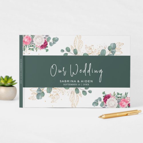 Simple Sage Green  Bllush Pink Floral Wedding Guest Book